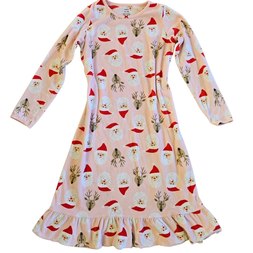 Carters Girls Pink Christmas Pajama Dress Santa Rudolph Fleece Nightgown 12-14A